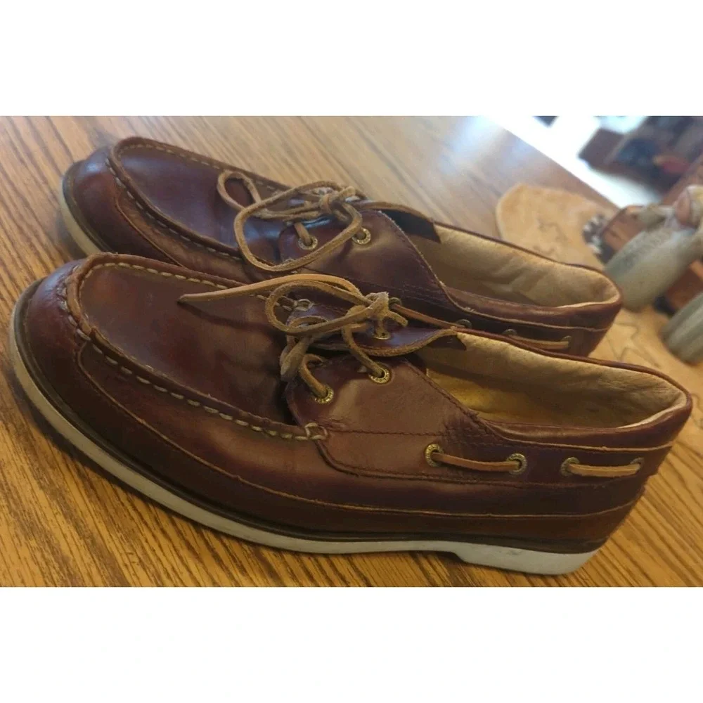 L.L. Bean Leather Brown Moccasin Boat Shoes‎ Size 9 M Lace Up Loafers